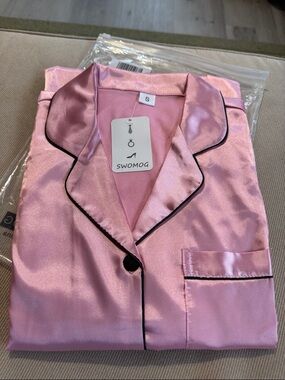 Women's Pink Satin Pajama Set with Black Trim